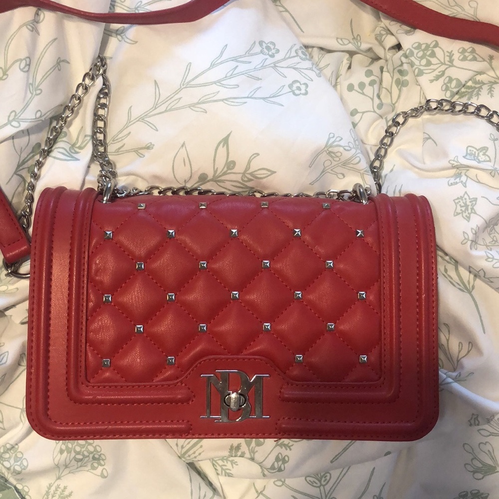 Badgley Mischka Red Quilted Shoulder Bag with Chain Strap